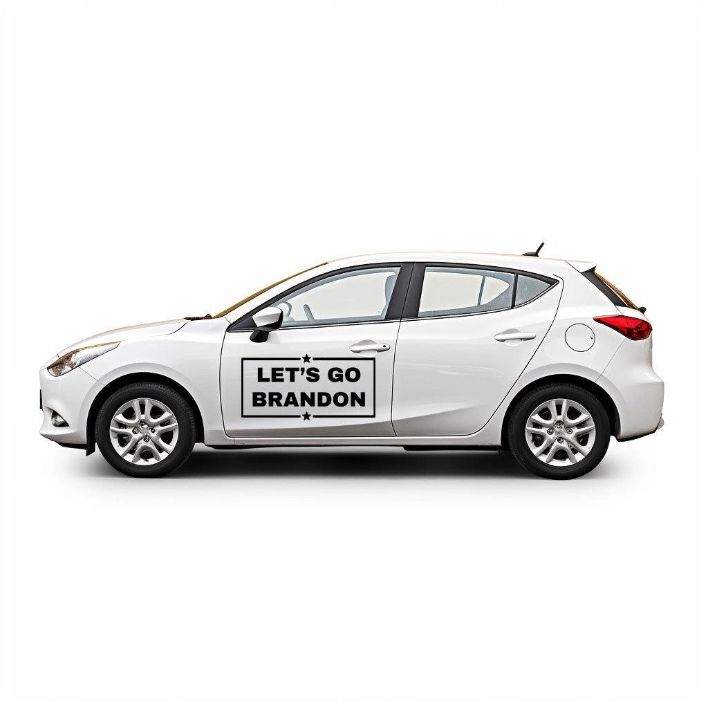 White car with Let's Go Brandon vinyl decal, showcasing political support for the 2024 election.