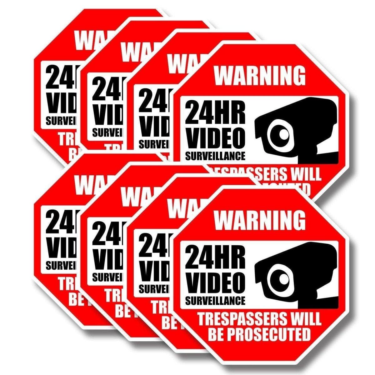10-pack of video surveillance warning signs stating '24HR Video Surveillance - Trespassers Will Be Prosecuted'.