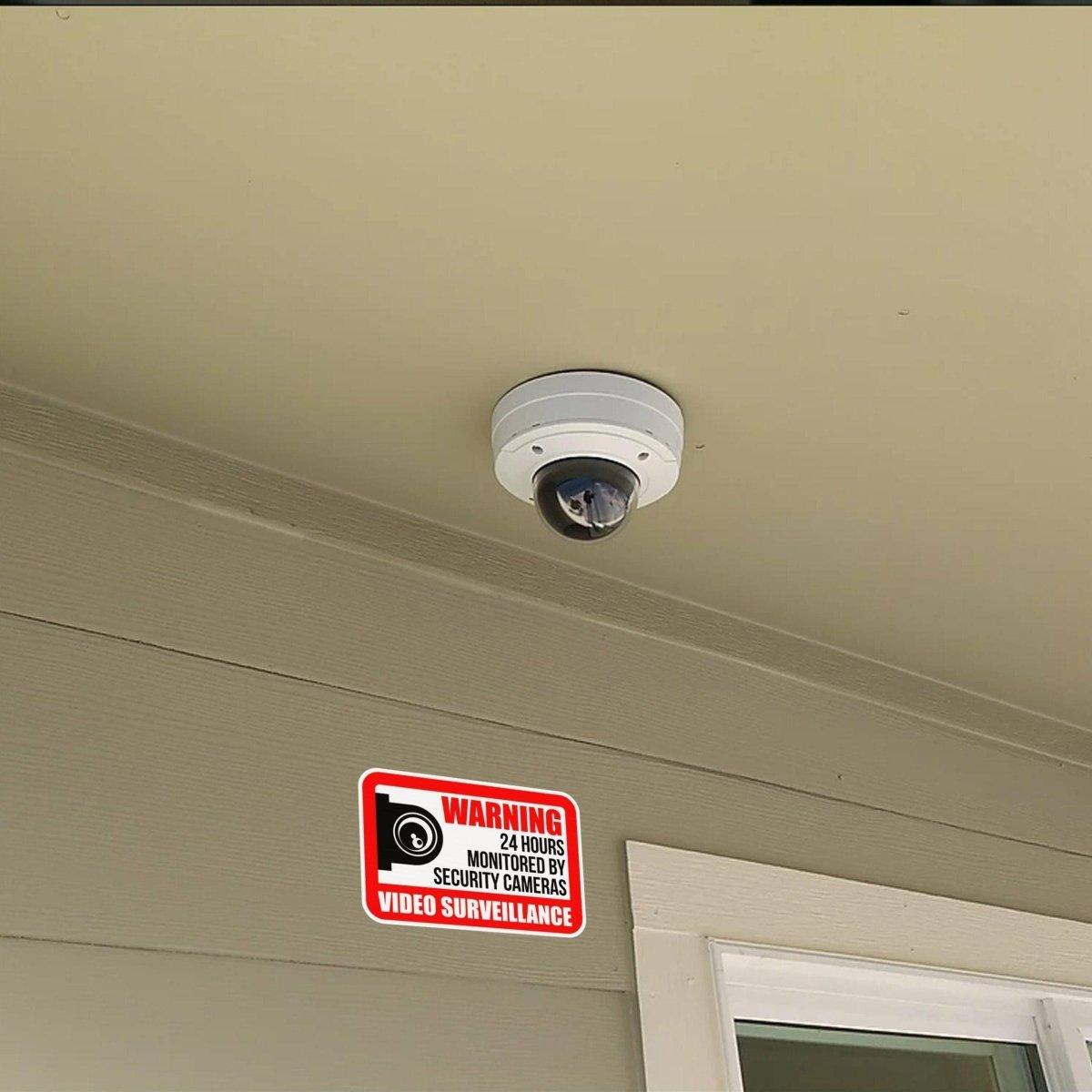 Video surveillance camera with warning sign on wall for enhanced home security.