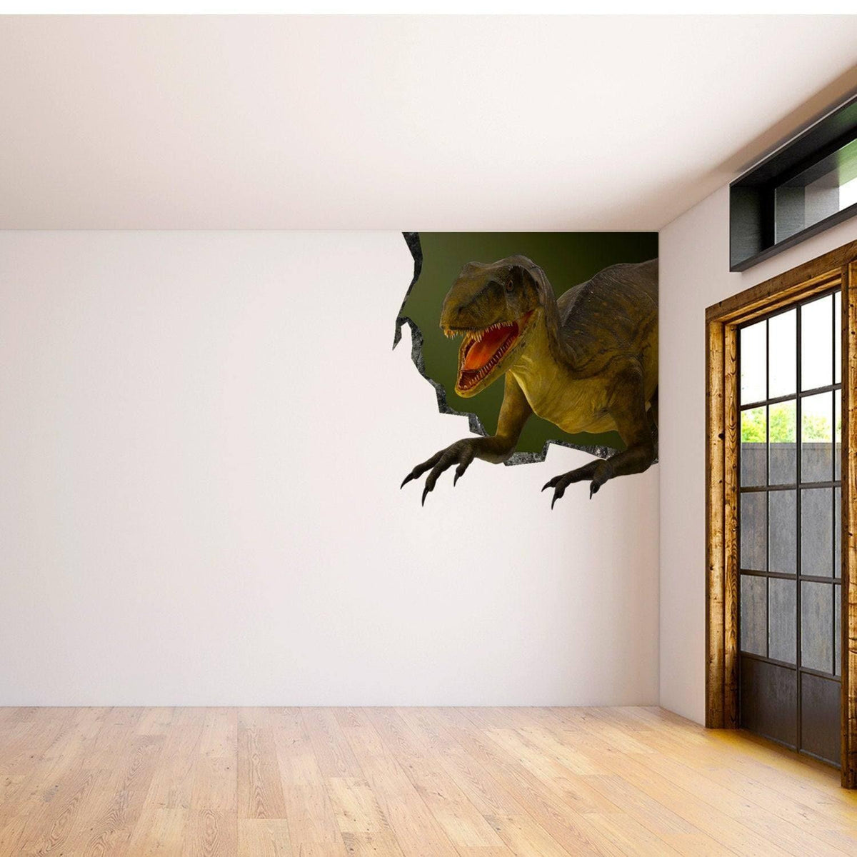 3D dinosaur wall decal showing a T-Rex emerging from a cracked wall.