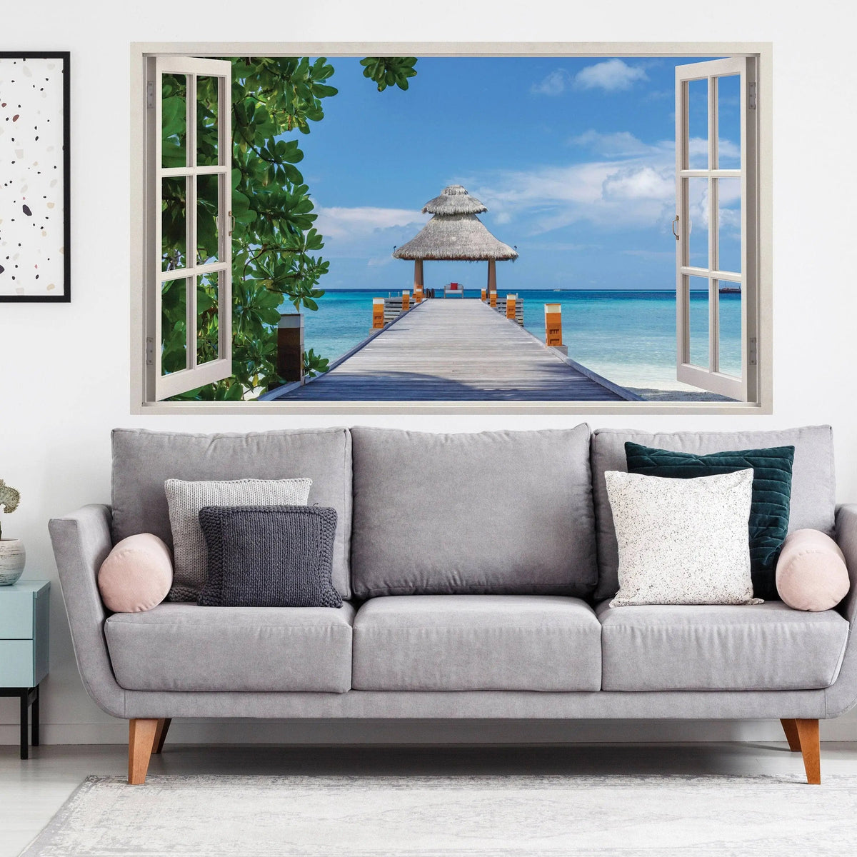 Tropical paradise wall sticker depicting a beach view through a window.