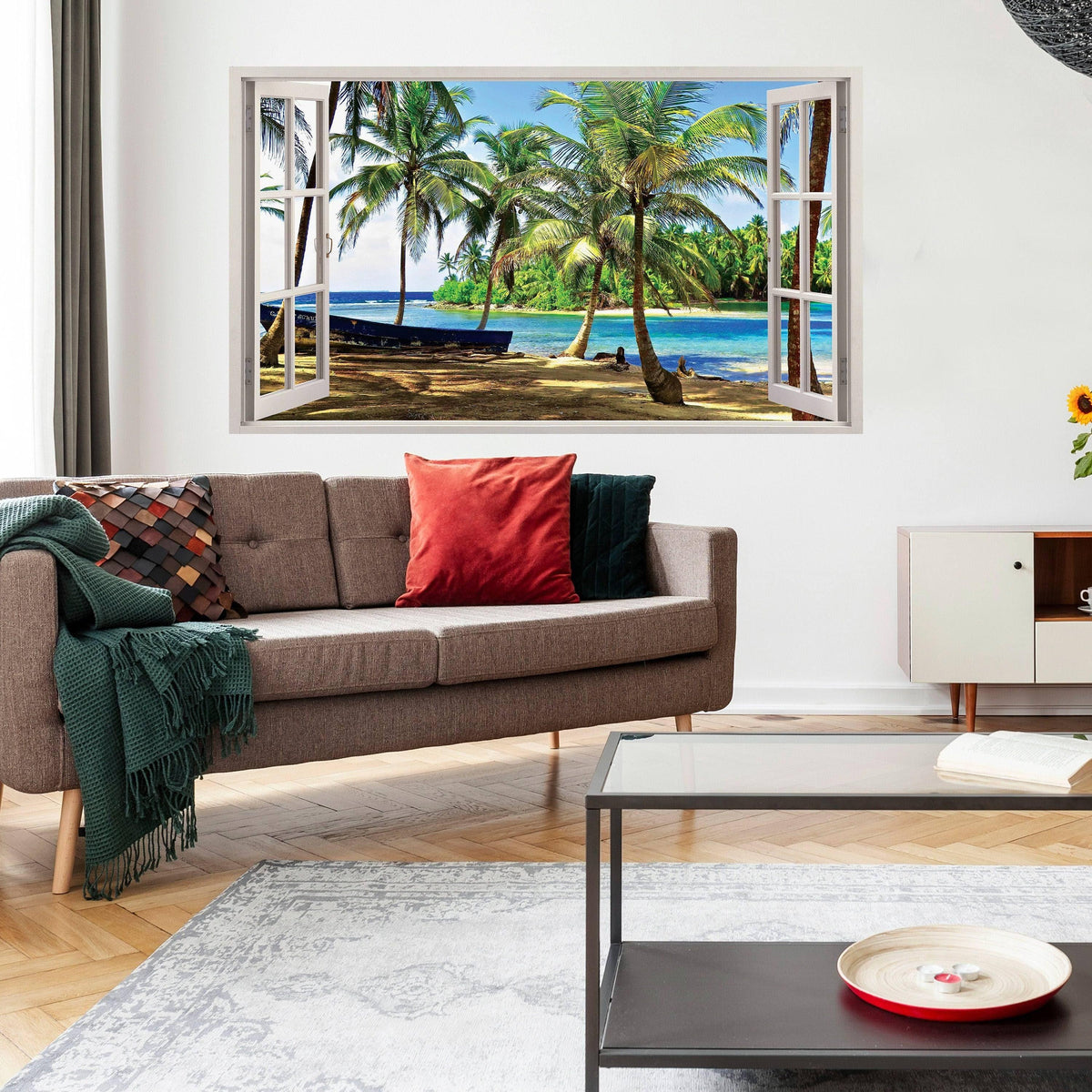 Tropical paradise window sticker featuring palm trees and ocean view, enhancing room decor with vibrant colors.