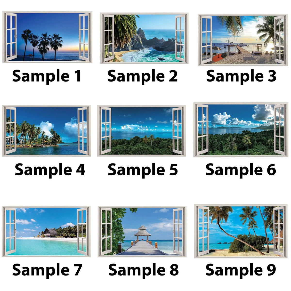 Tropical paradise wall sticker samples showcasing various beach views through open windows.