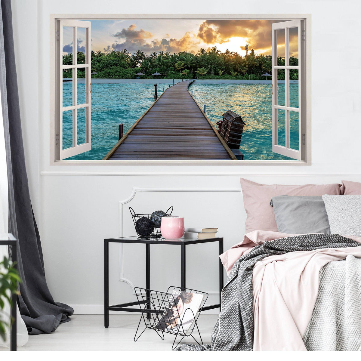 3D window wall decal featuring a scenic beach view with a wooden pier and lush tropical landscape.