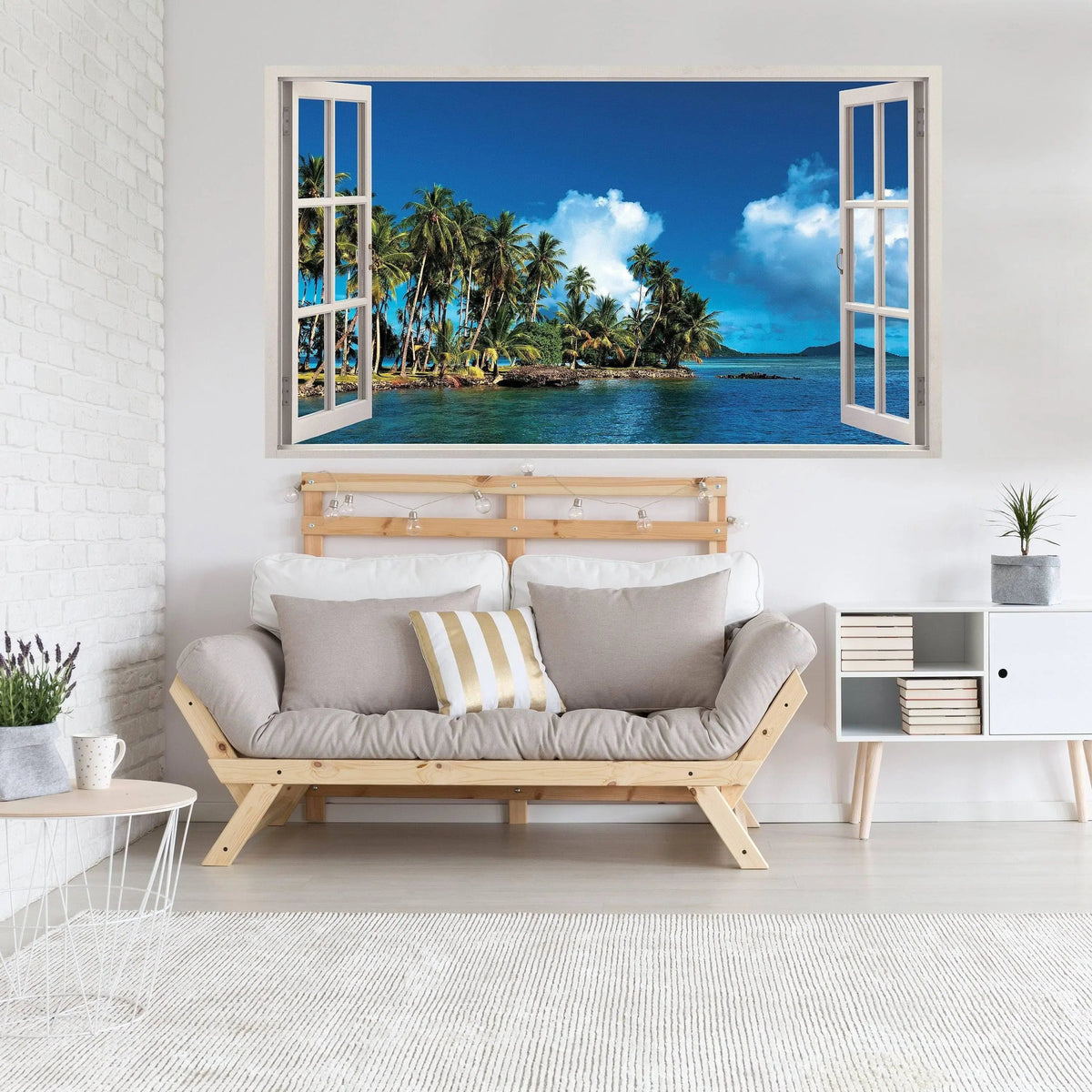 Tropical paradise wall sticker creating a beach view from a window in a stylish living room interior.