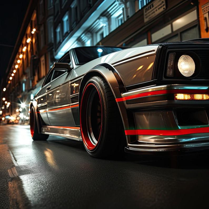 Custom geometric car decals on a sleek, modern vehicle parked at night with street lights in the background.