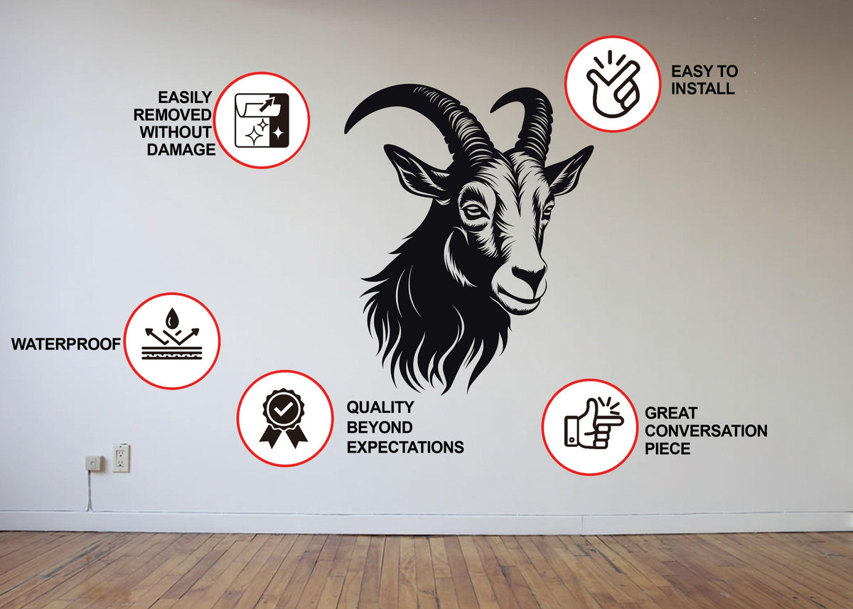 Black stylized goat head wall decal with feature icons for waterproofing and easy application.