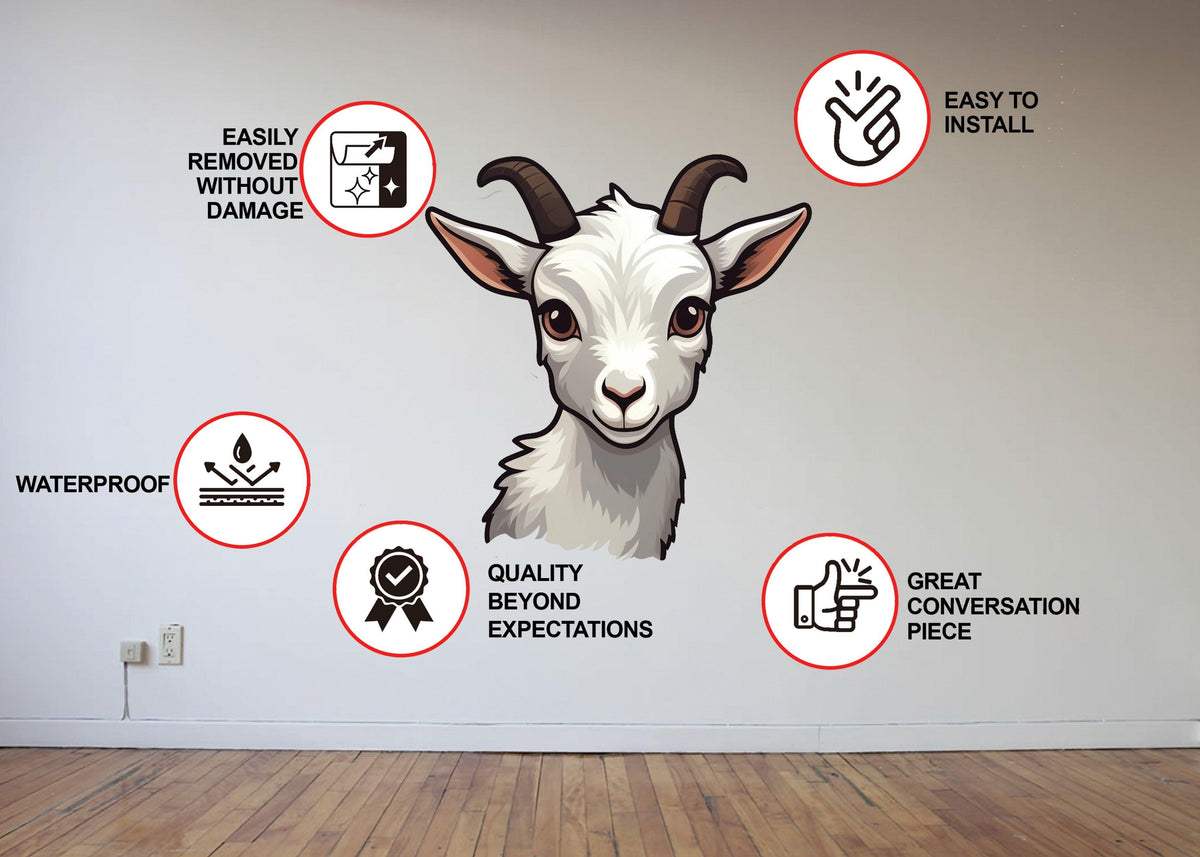White baby goat wall sticker with Decords symbols for easy application, removal and waterproof material.