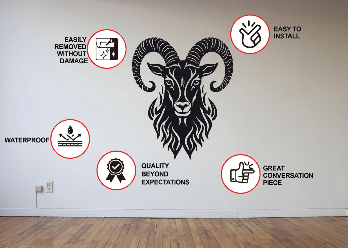 Stylized Ram's Head Wall Sticker with installation features and quality highlights on a plain wall.