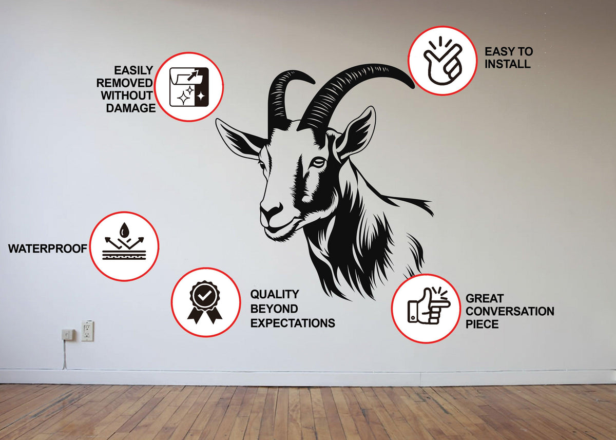 Graceful Goat Wall Decal featuring installation tips and product benefits on a wall.
