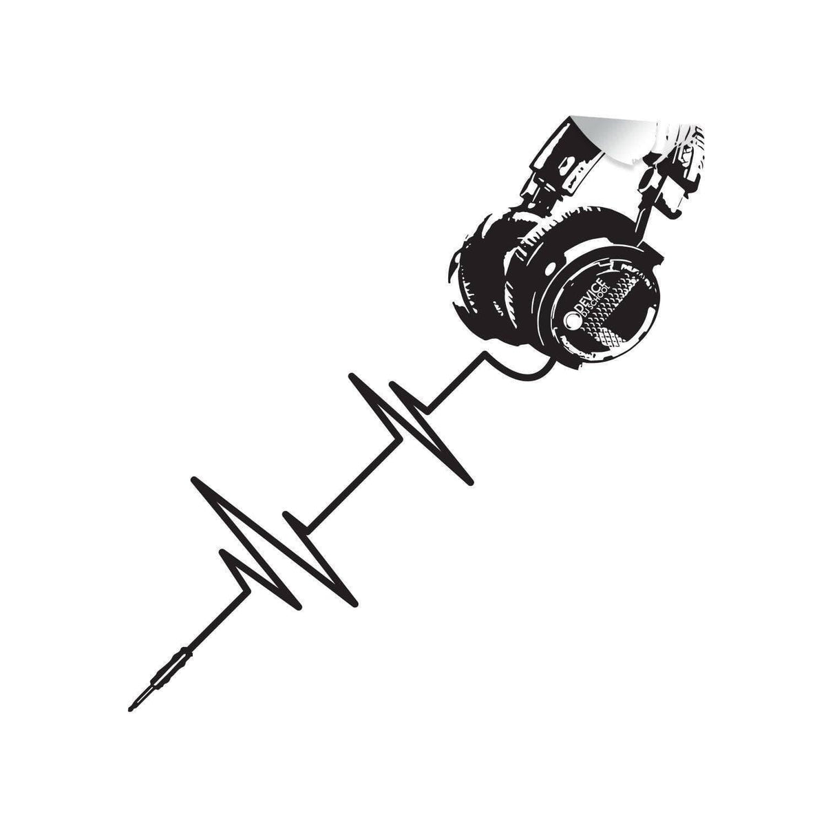 Black and white vinyl wall decal of headphones with a sound wave design.