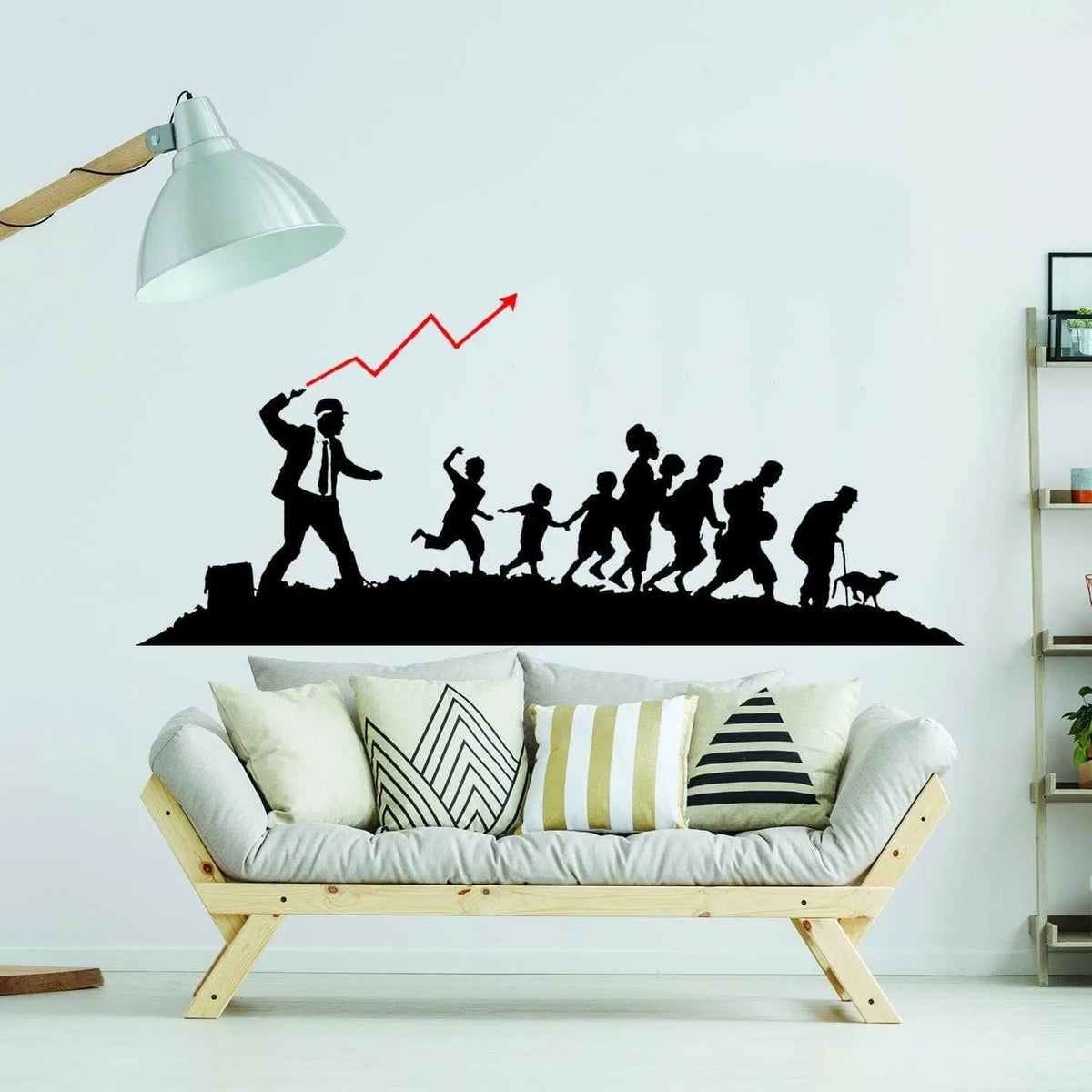 Vinyl wall sticker featuring a businessman leading a group of people with a rising arrow, adding sophistication to any room.