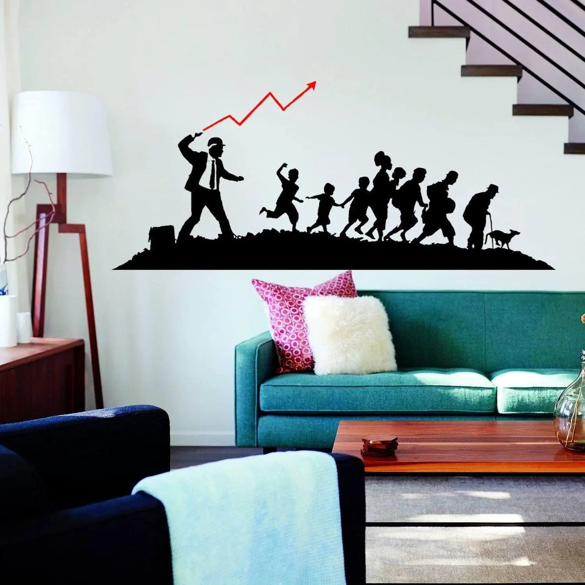 Sophisticated businessman wall decal showing a growing line of figures with an upward trend graph.