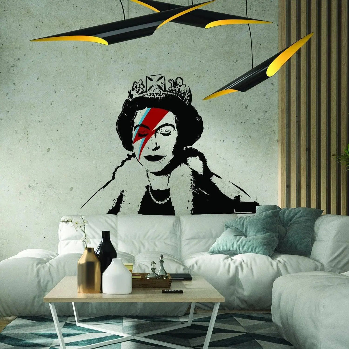 Regal vinyl sticker of a queen with a lightning bolt design, enhancing modern living space decor.
