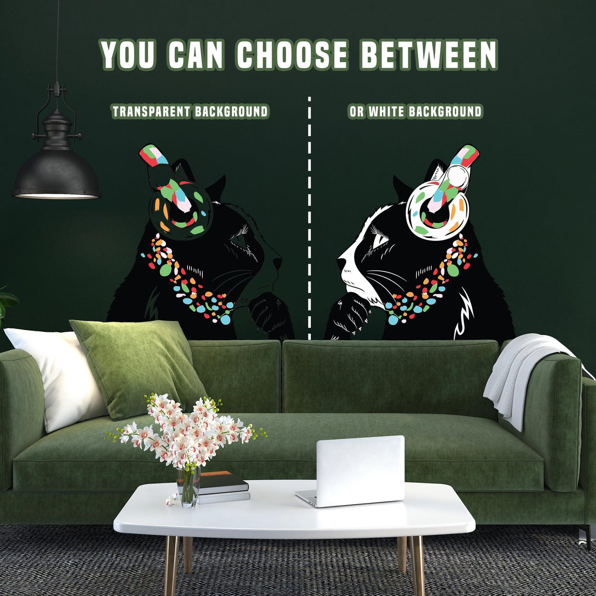 Charming cat wall decal with transparent and white background options, vibrant colors, and whimsical design.