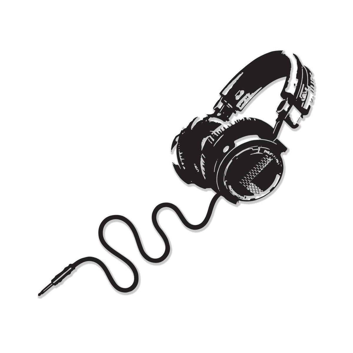 Decorative vinyl wall decal of black headphones with a curled cord.