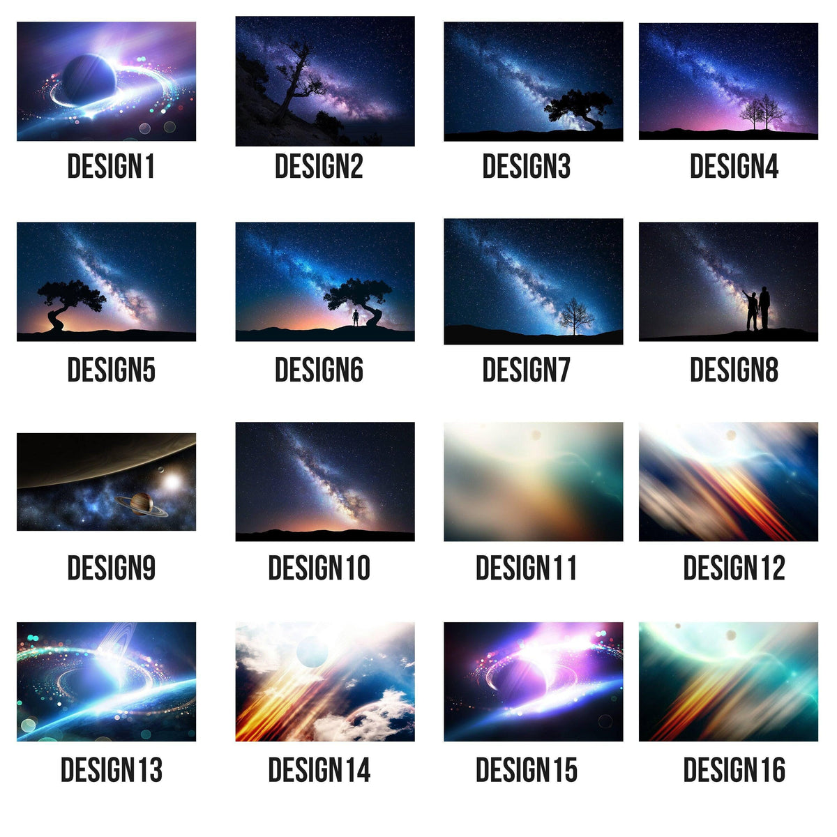 Collage of 16 stunning galaxy-themed wall art designs, featuring vibrant colors and cosmic landscapes.