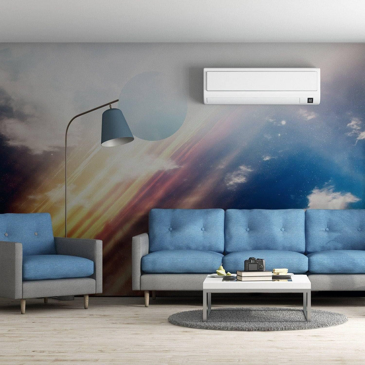 Modern living room featuring Stellar Galaxy Decal with a cosmic design backdrop and stylish blue furniture.