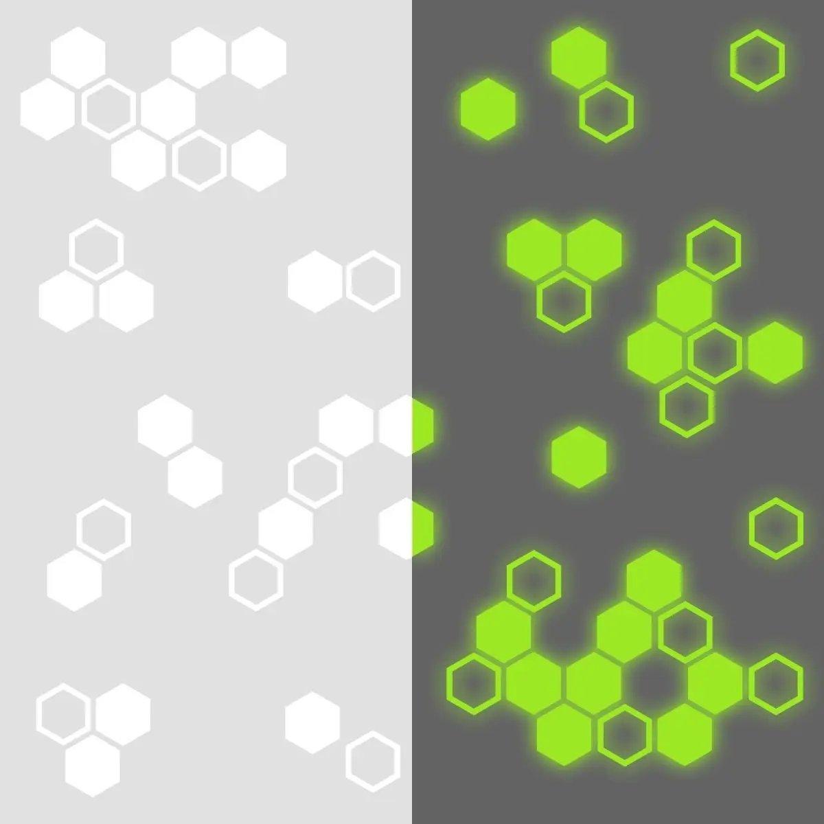 Glow in the dark hexagon wall stickers in green and white.