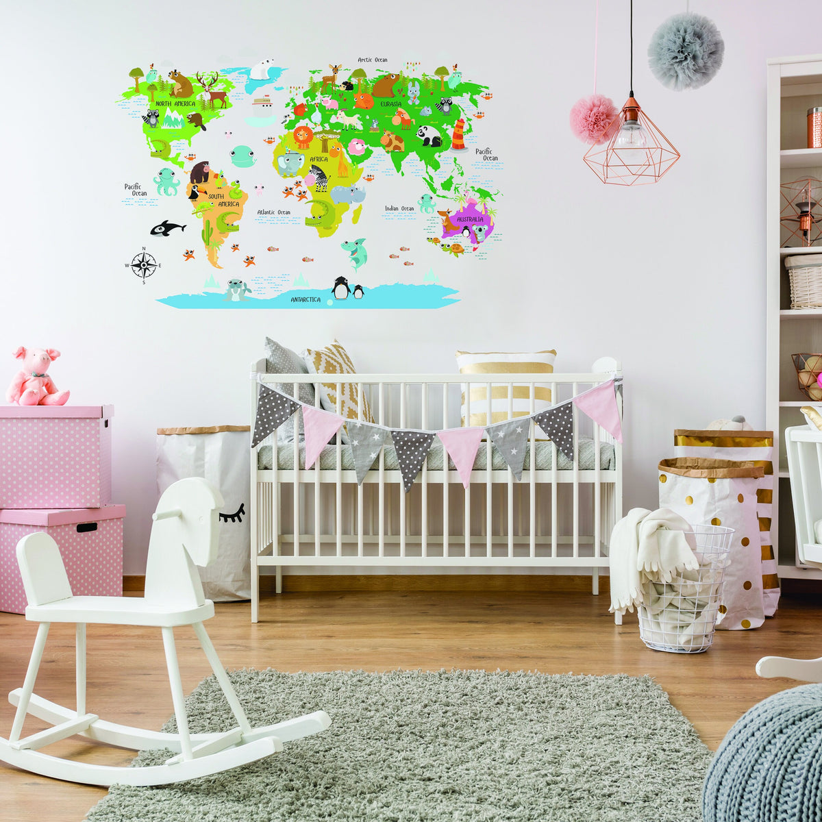 Printed nursery world map sticker with animal and country illustrations