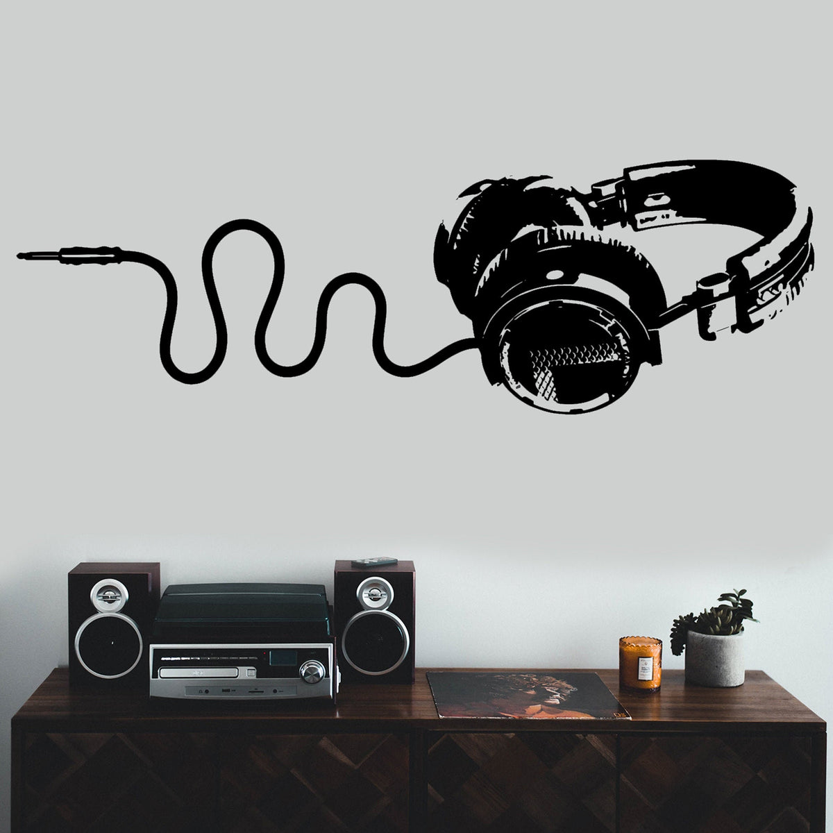 Headphones Music Wall Decal featuring the headphones and music themed graphic shown in the product gallery