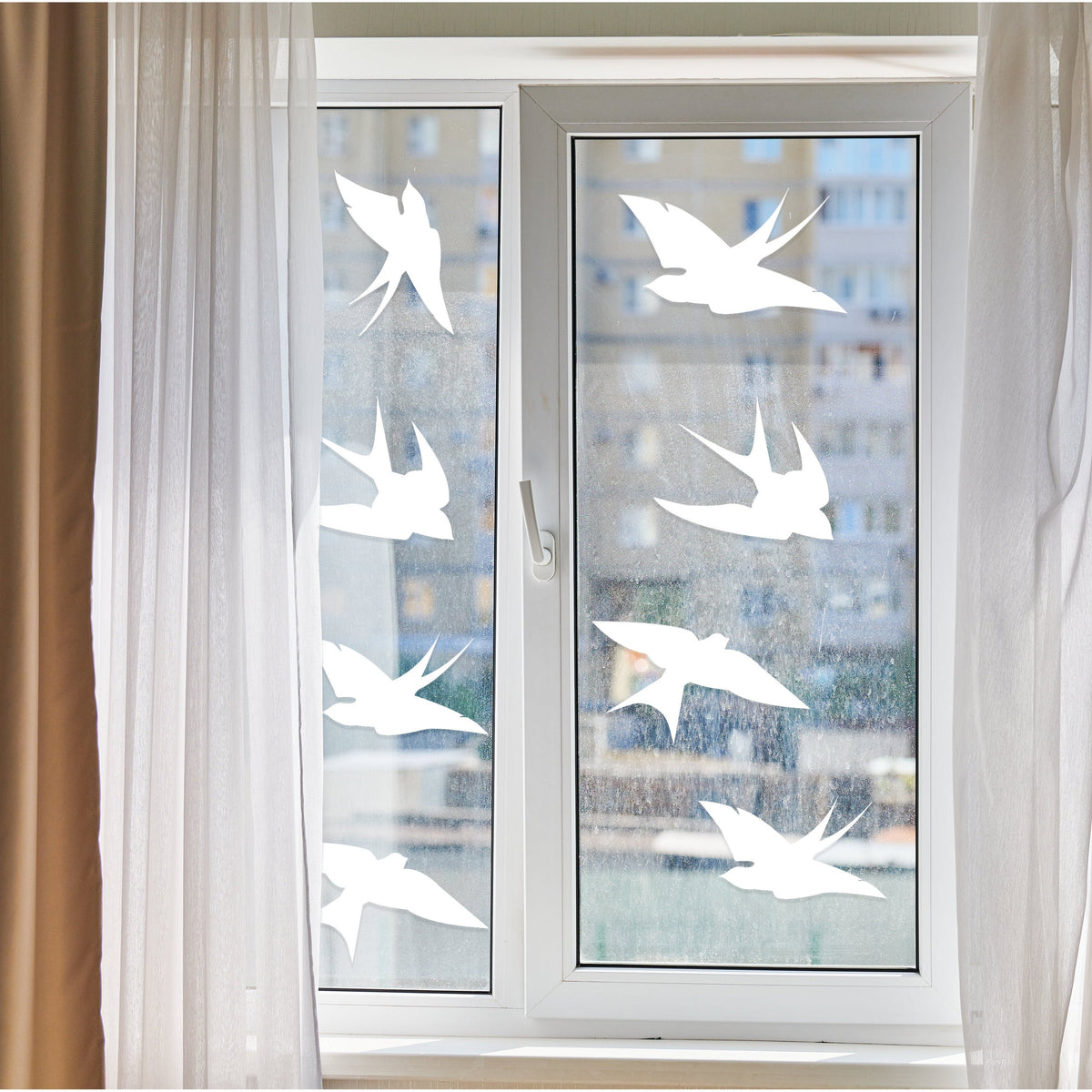 25x Window Decal Bird Strike Glass Anti Collision Cling Sticker applied to a window.