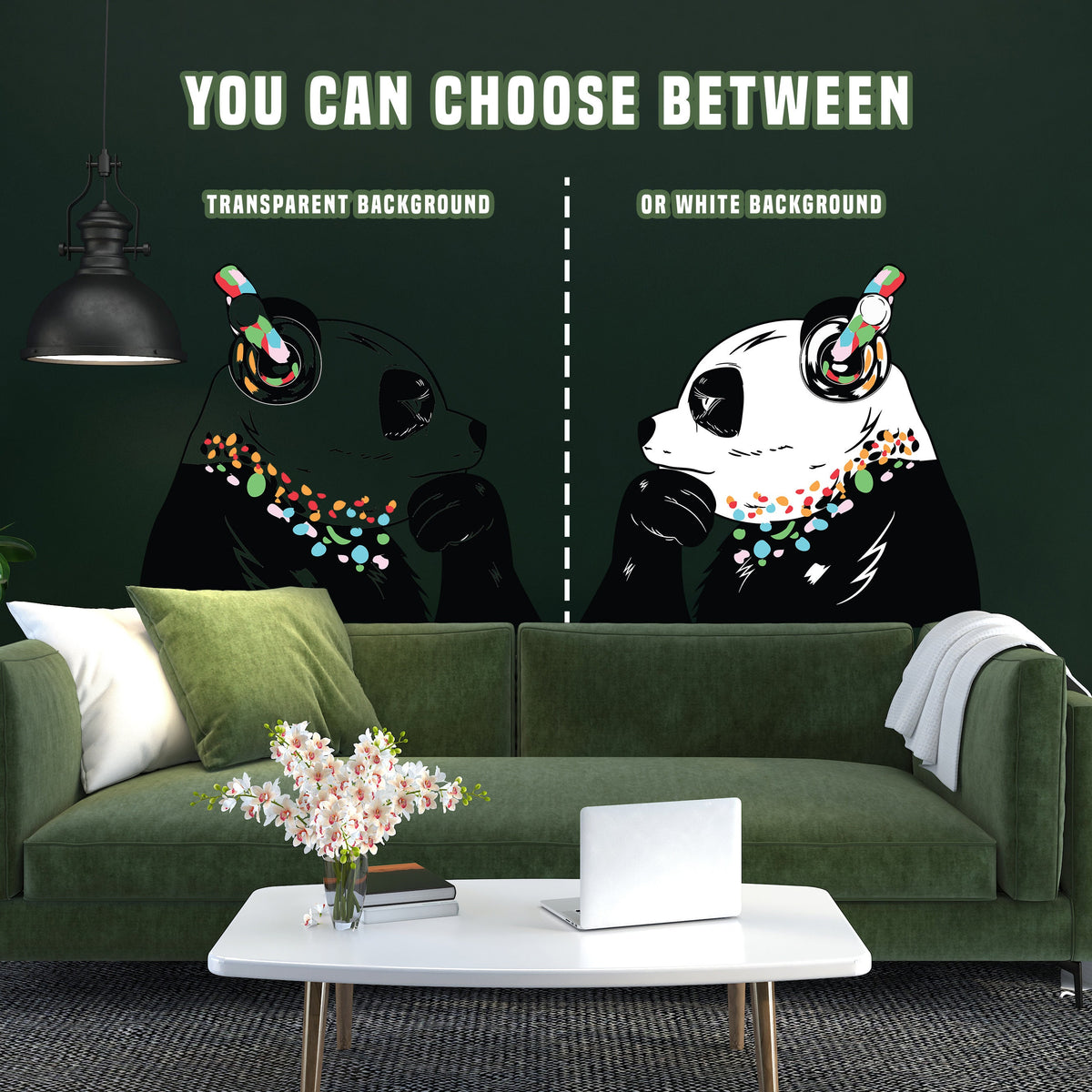 Panda with Headphones Wall Decal featuring the panda wearing headphones in the artwork shown in the product gallery