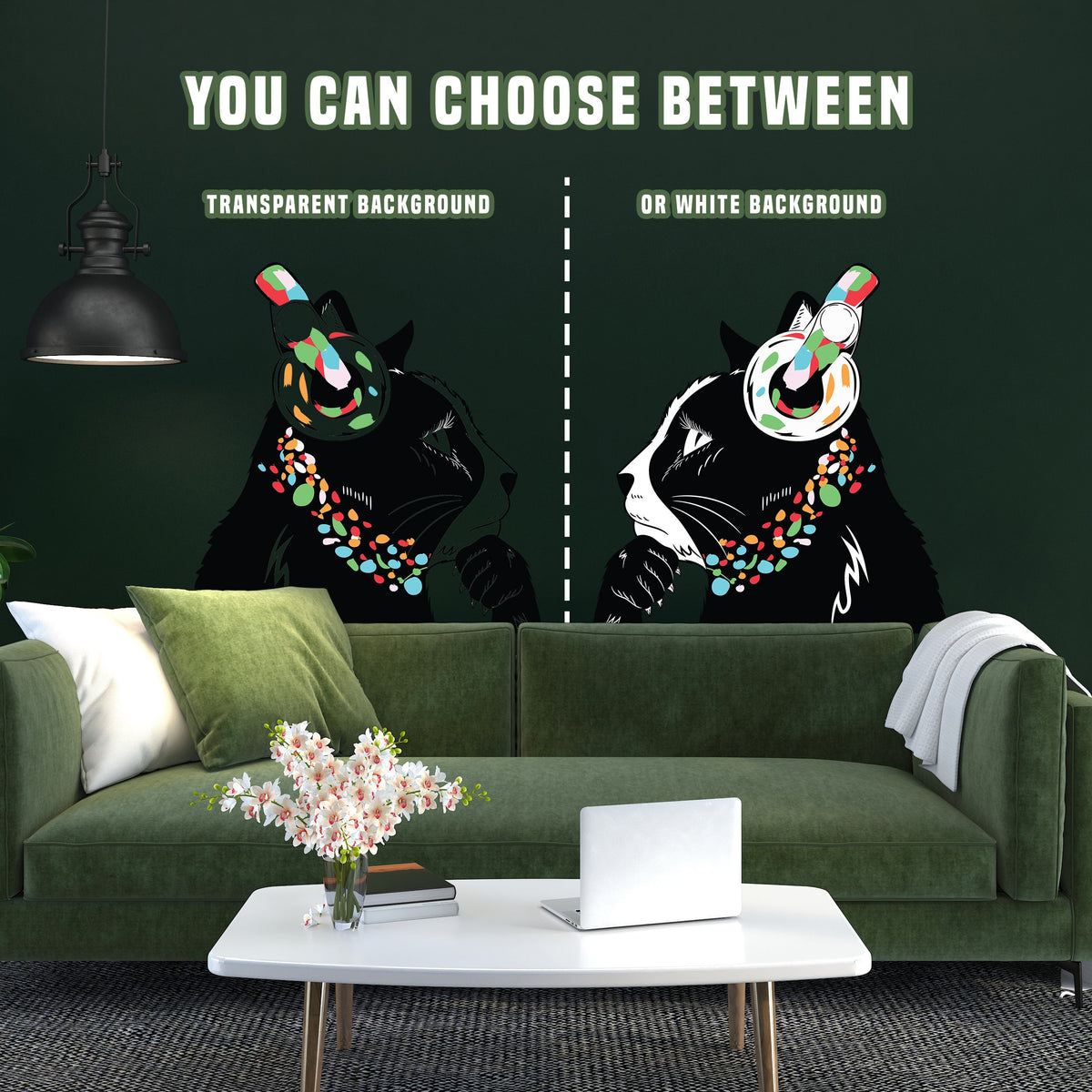 Cat with Headphones Wall Decal featuring the cat wearing headphones in the artwork shown in the product gallery