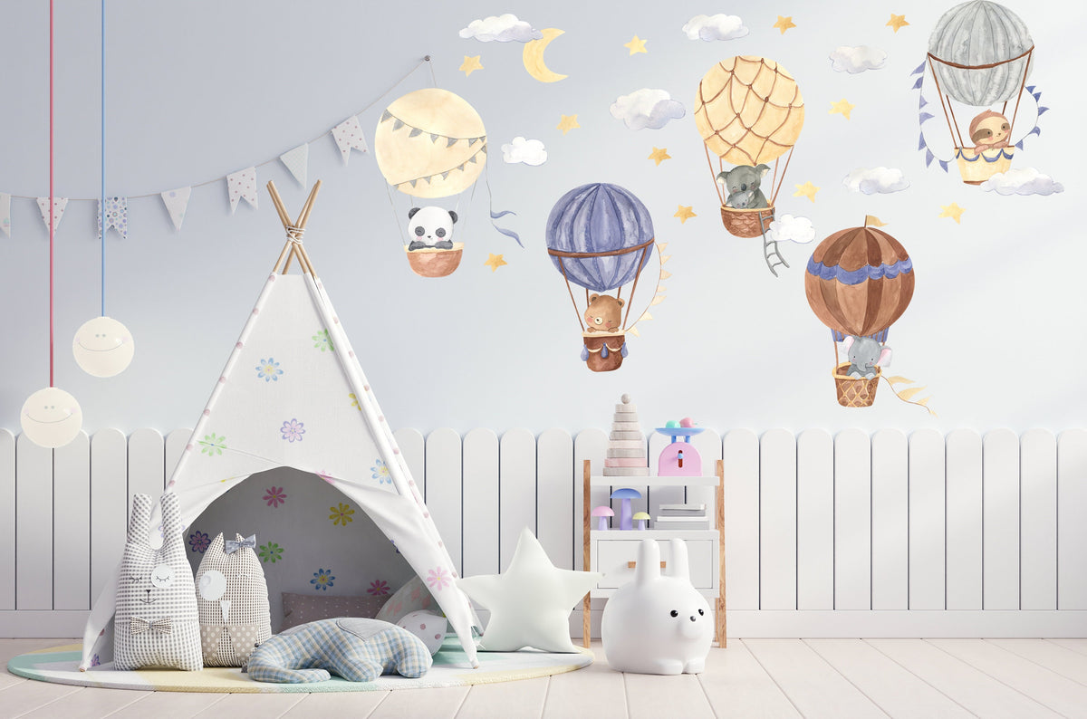 Printed vinyl decal artwork showing five hot air balloons with animals