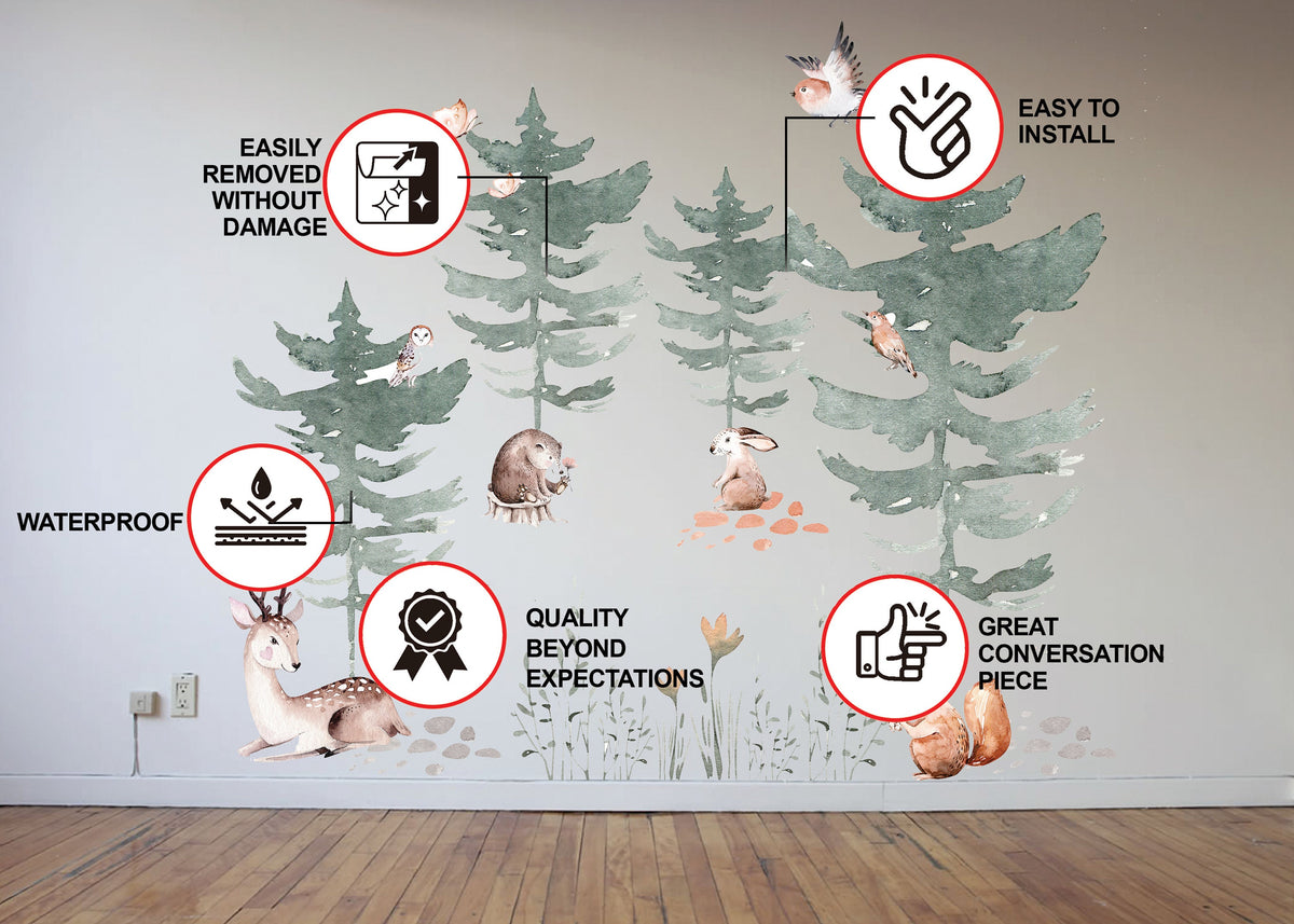 Forest Animals and Trees Wall Decal for Kids Room - Nursery Woodland Stickers with Watercolor Tree.