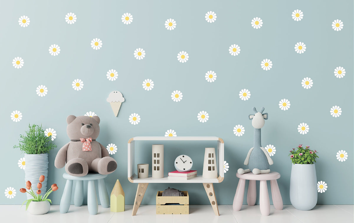 White Daisy Flowers Wall Decals featuring 36 separate daisies, each approximately 4 × 4 inches