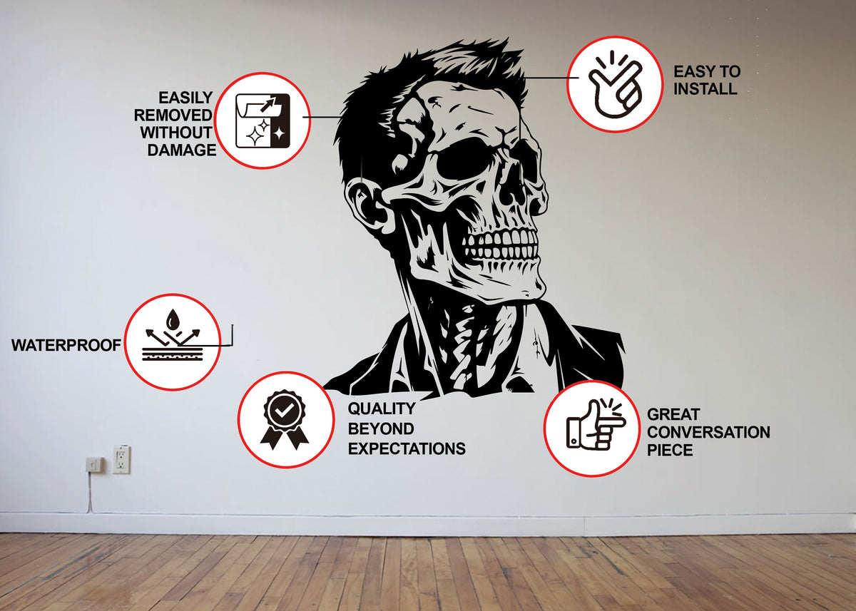 Halloween Skeleton Face Vinyl Decal - Businessman Skull with Hair Wall Art