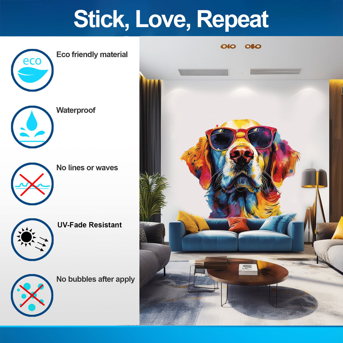 Printed vinyl decal artwork showing Sunglasses Wall Decal Expressive Watercolor Dog Sticker for Vibrant Room Decor
