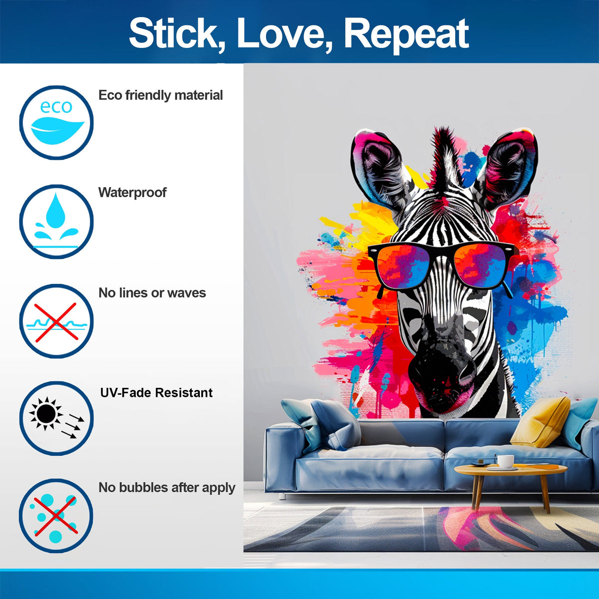 Printed vinyl decal artwork showing black and white stripes, multicolour glasses and bright blue, pink, yellow and red paint