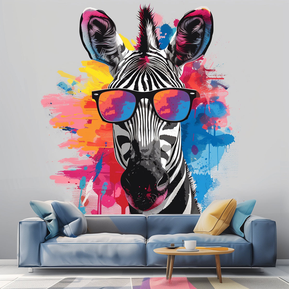 Whimsical Zebra in Glasses Wall Decal featuring black and white stripes, multicolour glasses and bright blue, pink, yellow and red paint