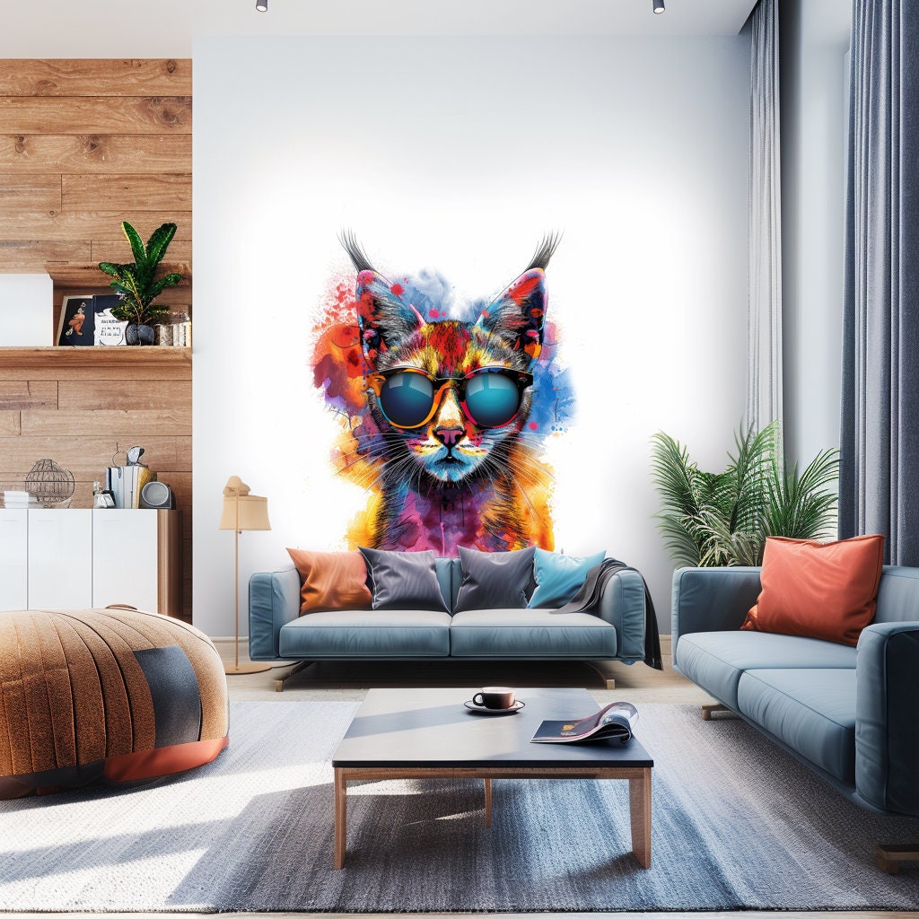 Printed vinyl decal artwork showing our Vibrant Maine Coon Cat Wall Sticker with Sunglasses