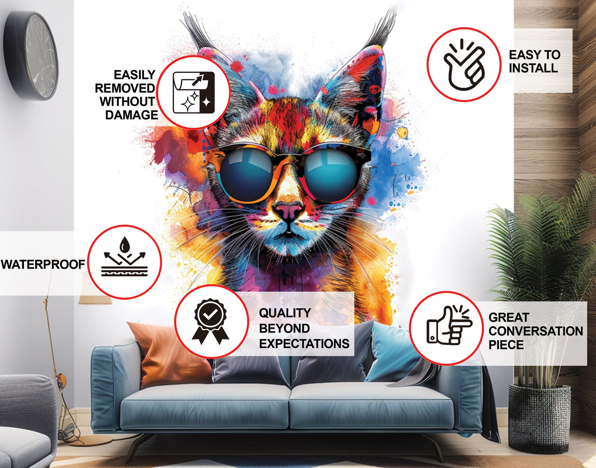 Vibrant Maine Coon Cat Wall Sticker with Sunglasses featuring our Vibrant Maine Coon Cat Wall Sticker with Sunglasses