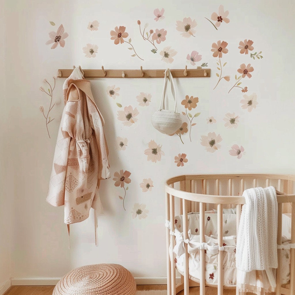 25 Piece Boho Floral Nursery Wall Decal Set featuring 25 individual boho style flower wall decals
