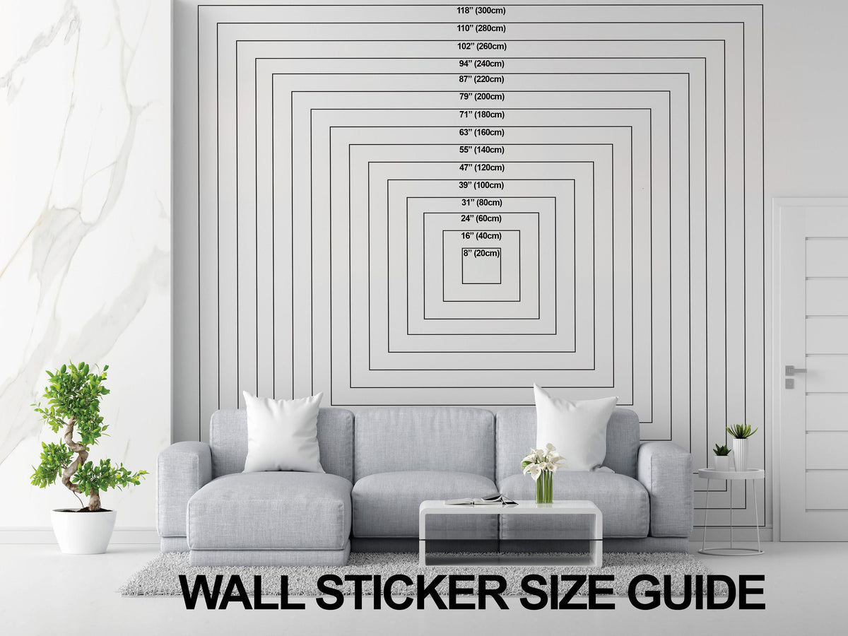 Wall decal size comparison chart with nested measurement outlines above a gray living room sofa