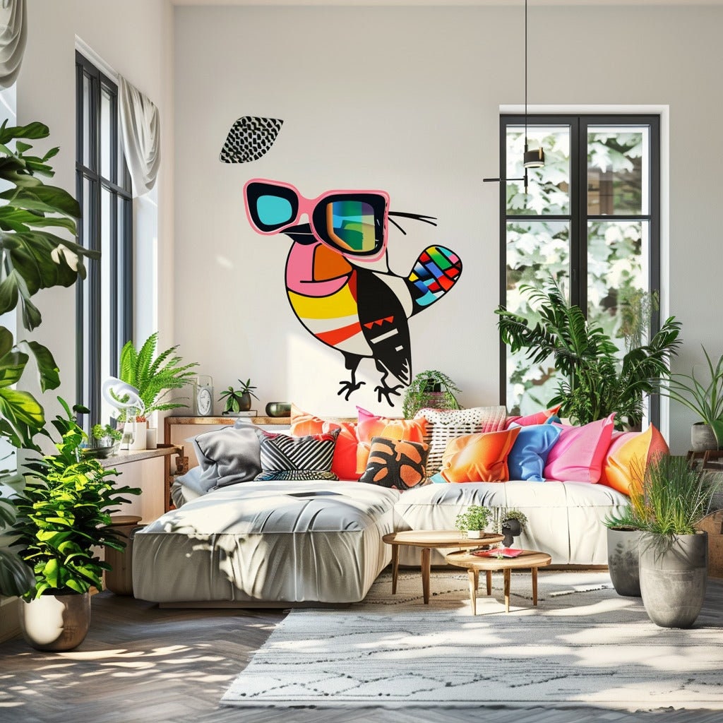 Downy Woodpecker in Glasses Street Art Style Wall Sticker Decals - Unique Room Decor for Bird Lovers
