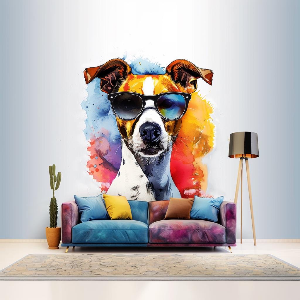 Watercolor wall decal of a jack russell terrier wearing sunglasses with colorful paint splashes