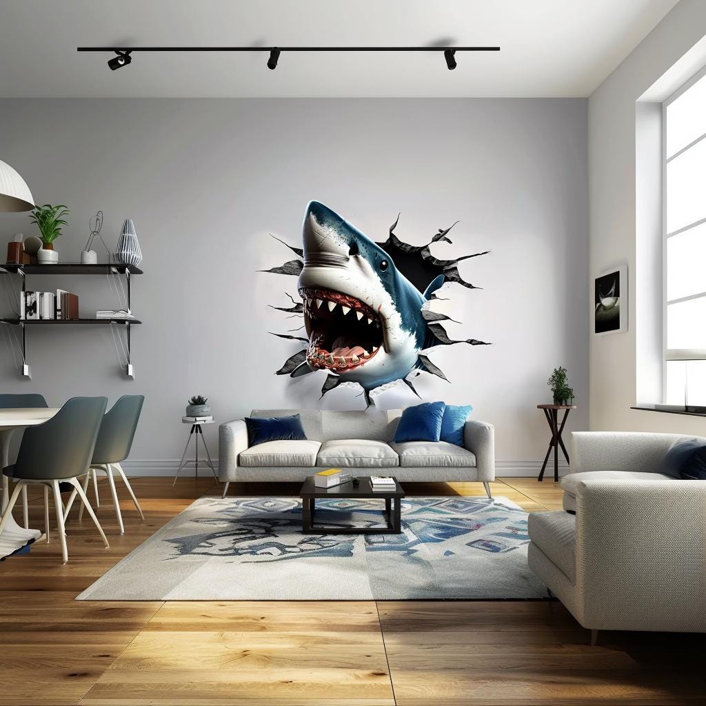 3D Great White Shark Wall Decal featuring a breakthrough illusion, Design 3