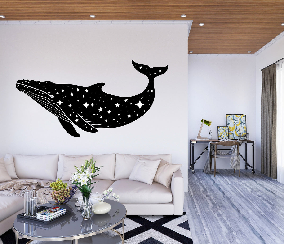 Celestial Whale Wall Sticker - Black Silhouette Whale with Stars Decal