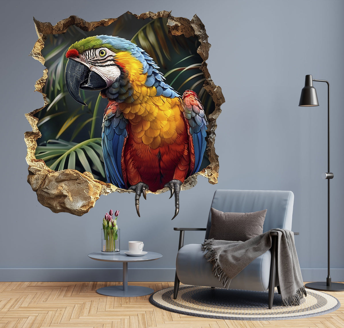3D Macaw Parrot Wall Decal featuring a tropical visual depth effect