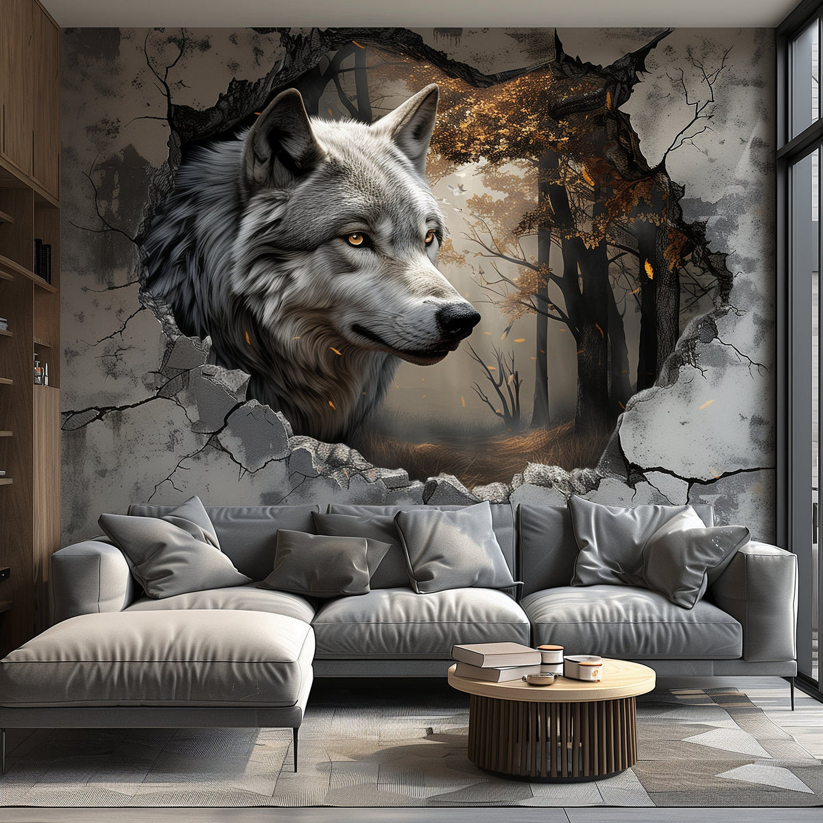 3D Wolf Forest Wall Decal featuring a breakthrough illusion, Design 1