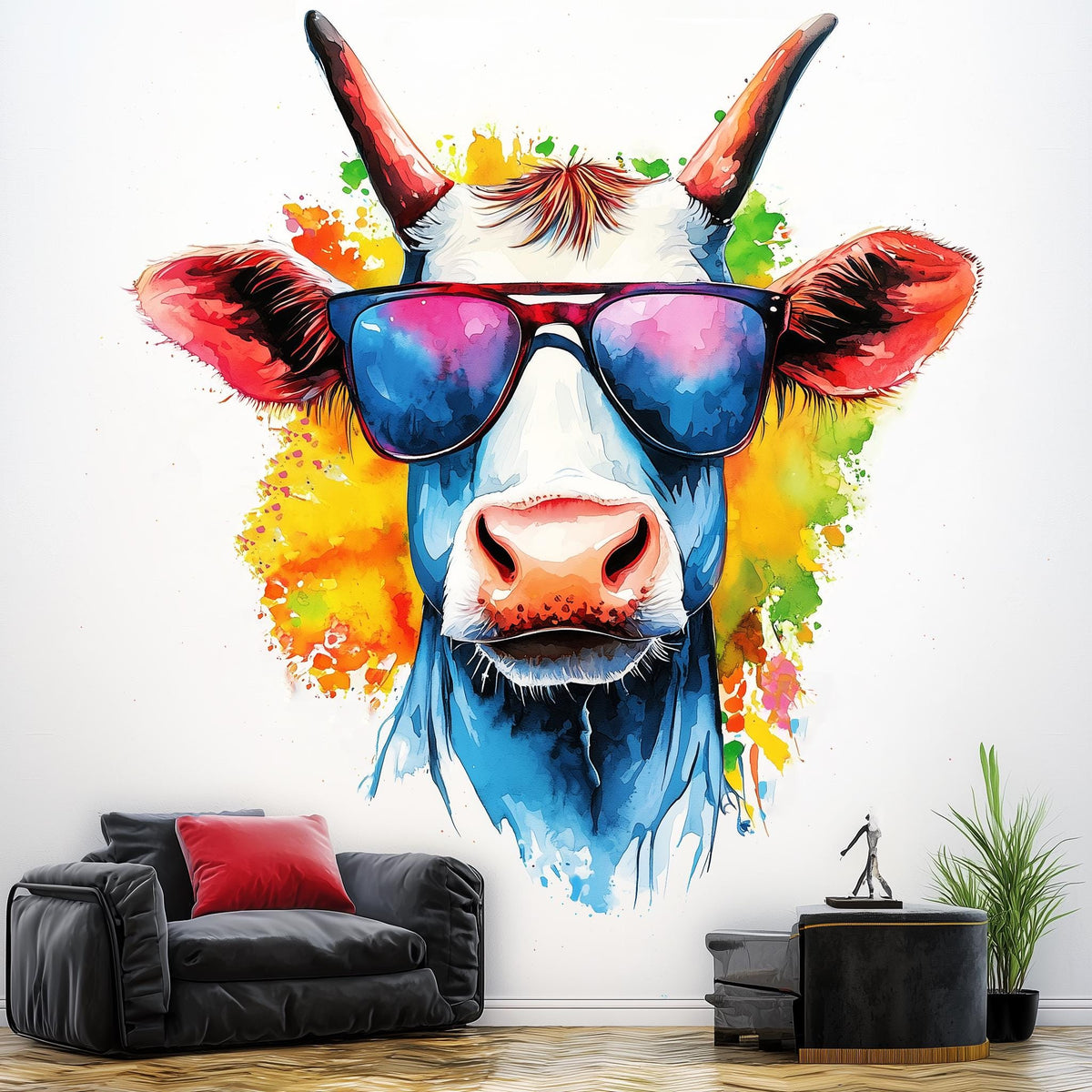 Printed vinyl sticker artwork showing a cow wearing sunglasses in a watercolor style