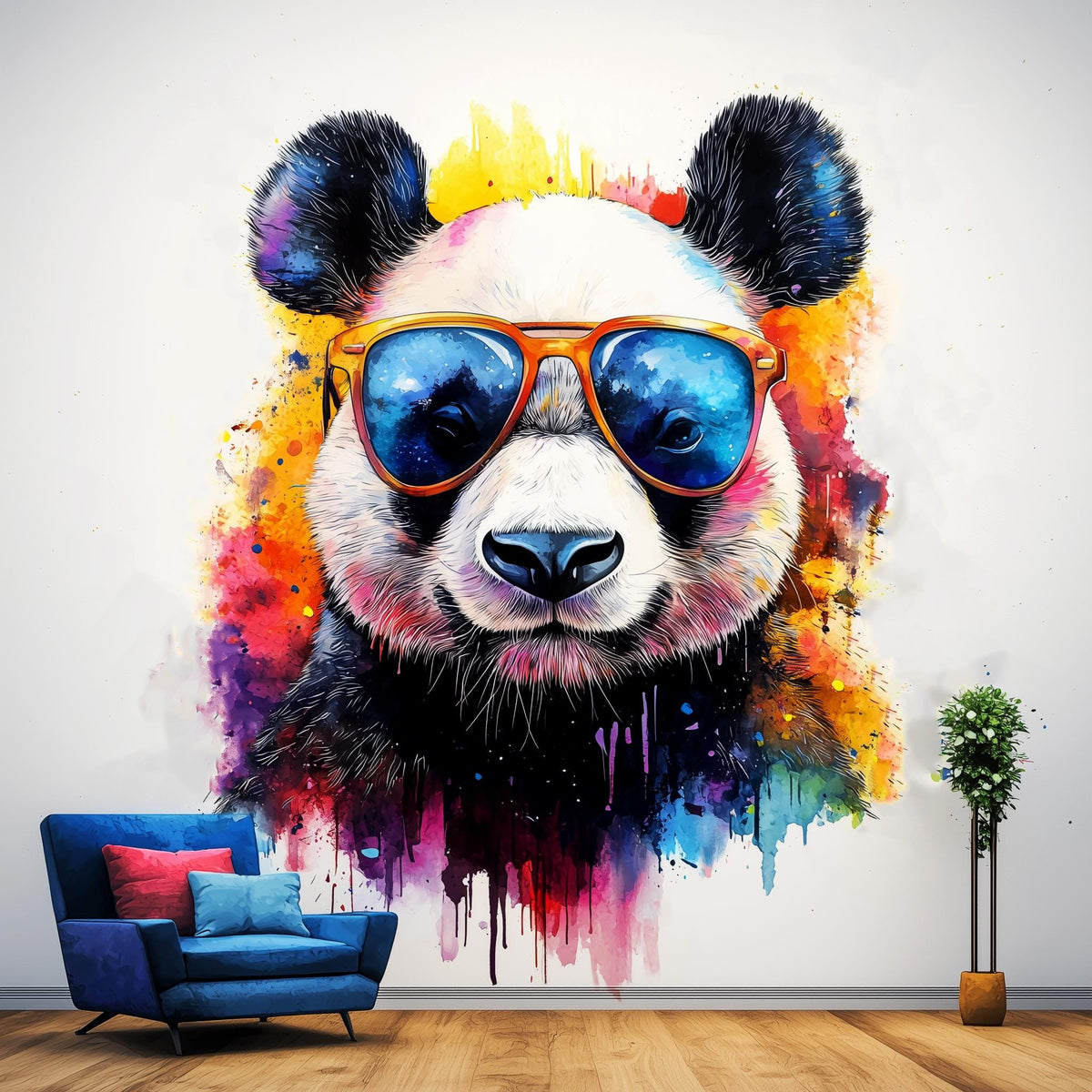 Vibrant Panda Wall Decal with Sunglasses featuring Sunglasses | Watercolor Splash Bear Sticker | Cool Animal Nursery Decor | Fun Kids' Room Decals