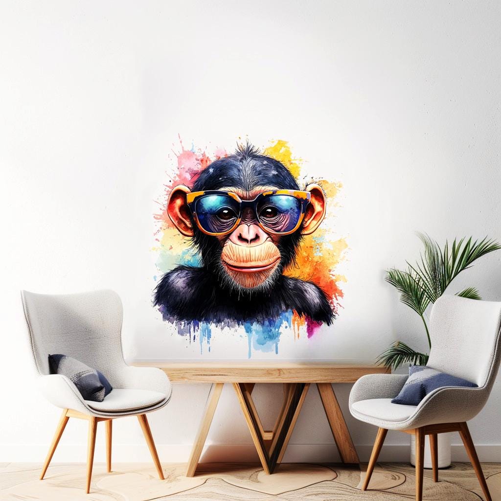 Printed vinyl sticker artwork showing a baby chimpanzee in a watercolor style