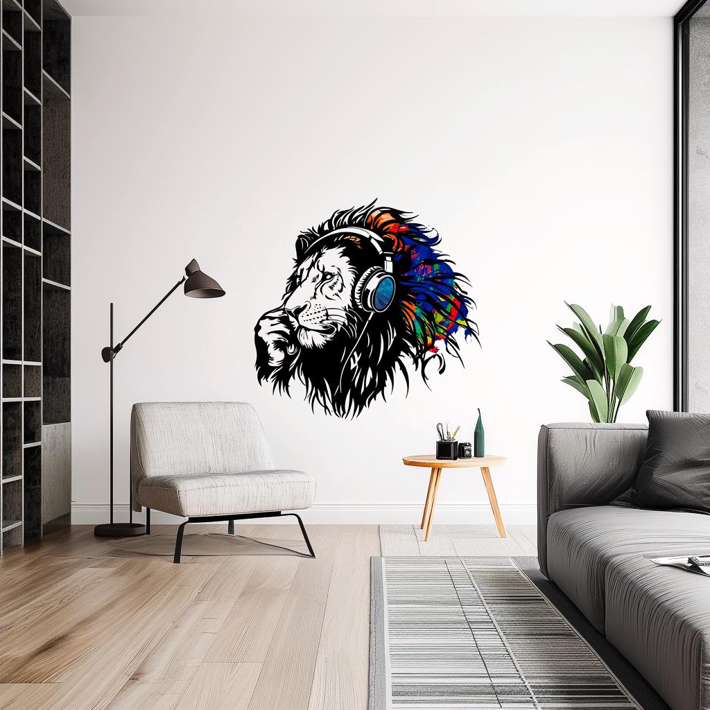 Printed vinyl decal artwork showing the lion wearing headphones and multicolour mane artwork shown in the product gallery
