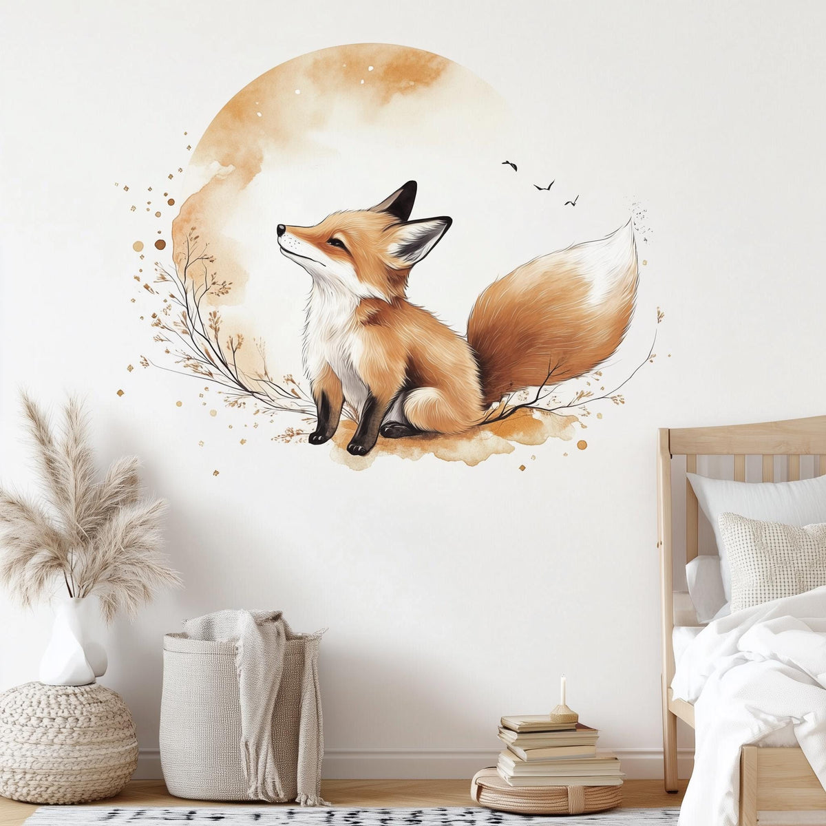 Watercolor baby fox sitting beneath a beige moon wall decal above a wooden child's bed in a nursery.